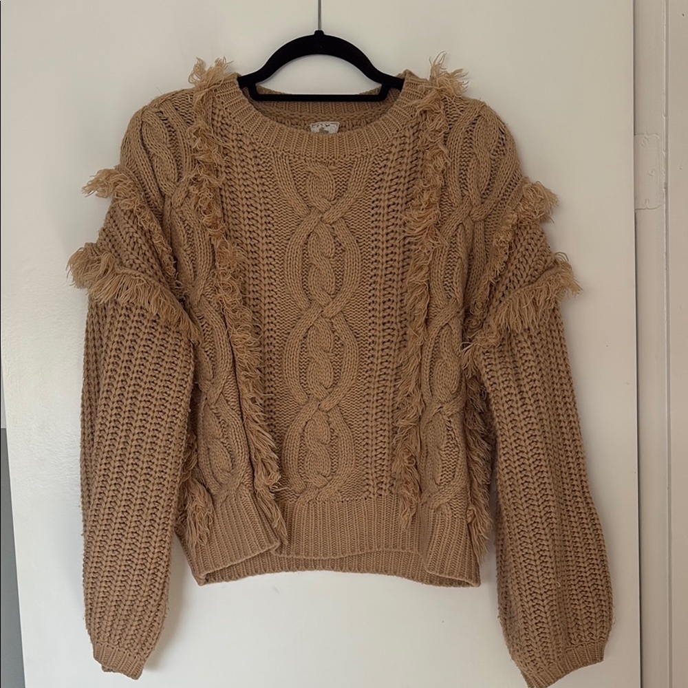 Sadie & Sage Tan Crew Neck Sweater with Ruffle Accents